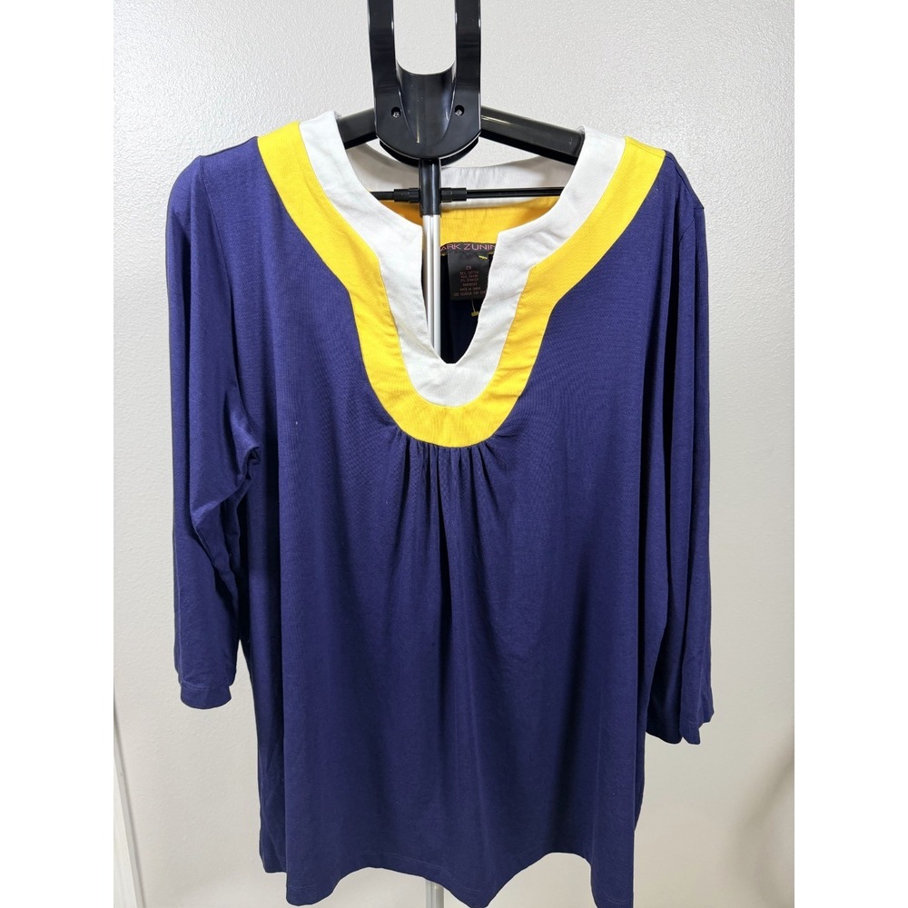 Mark‎ Zunino Tunic Top Womens 2X Navy Multi Cotton Pleated 3/4 Sleeve Split Neck